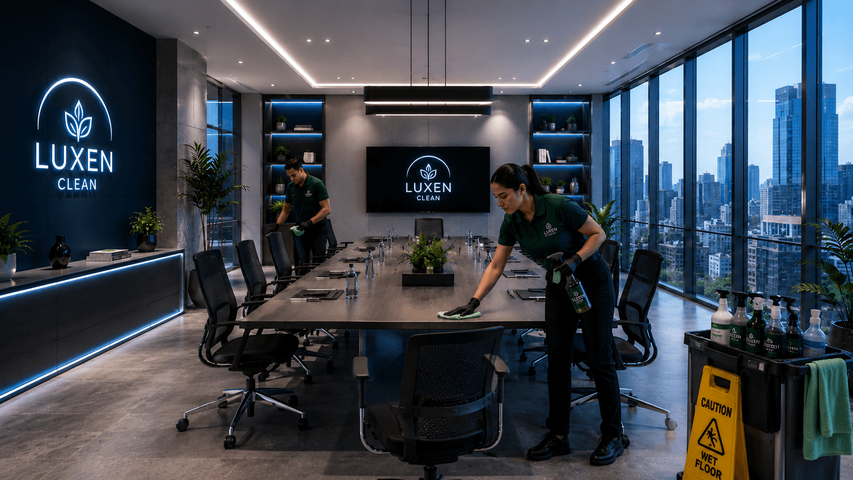 Professional team caring for a modern commercial space