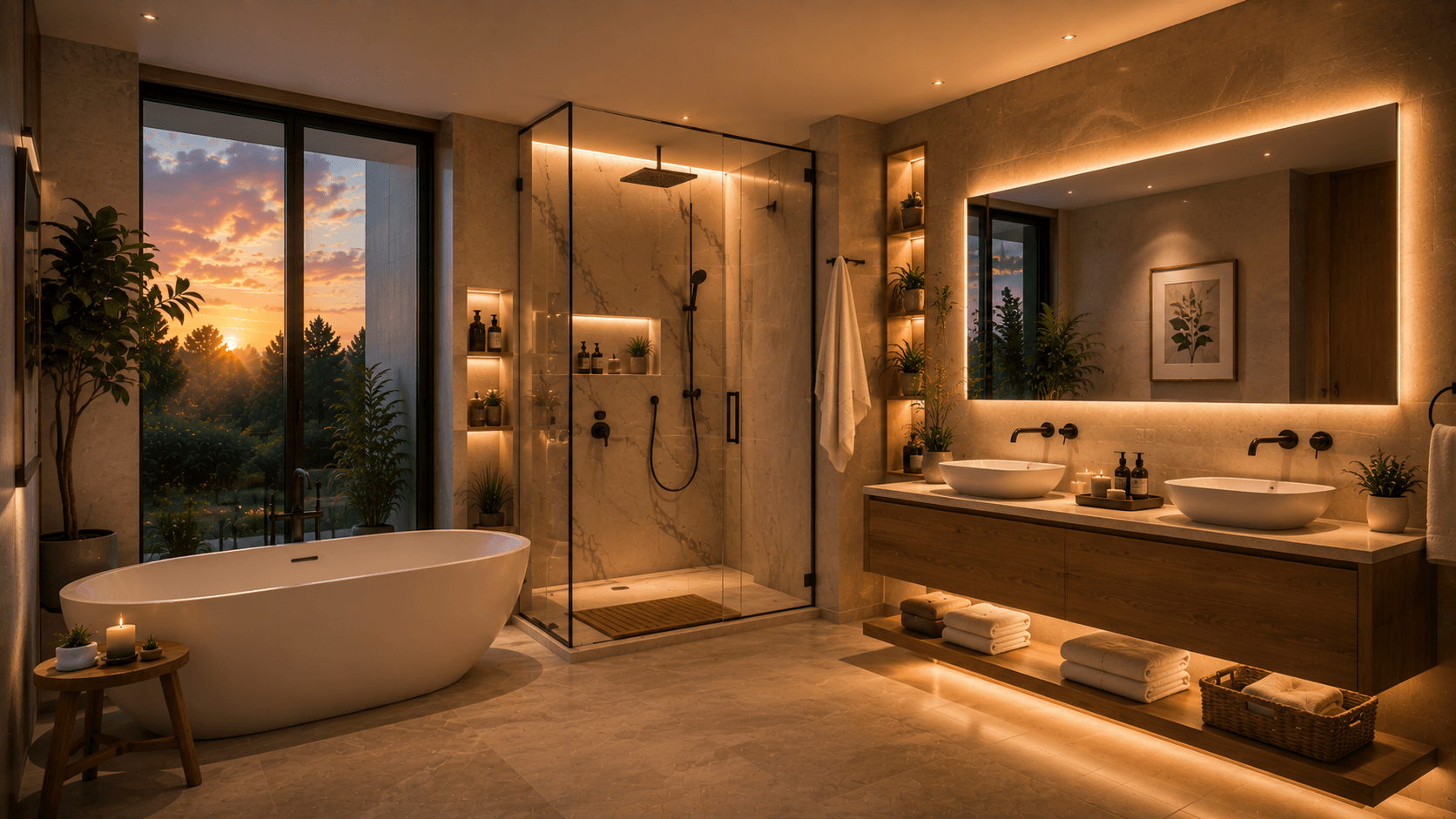 Detailed tile, glass and fixture surfaces in a bathroom
