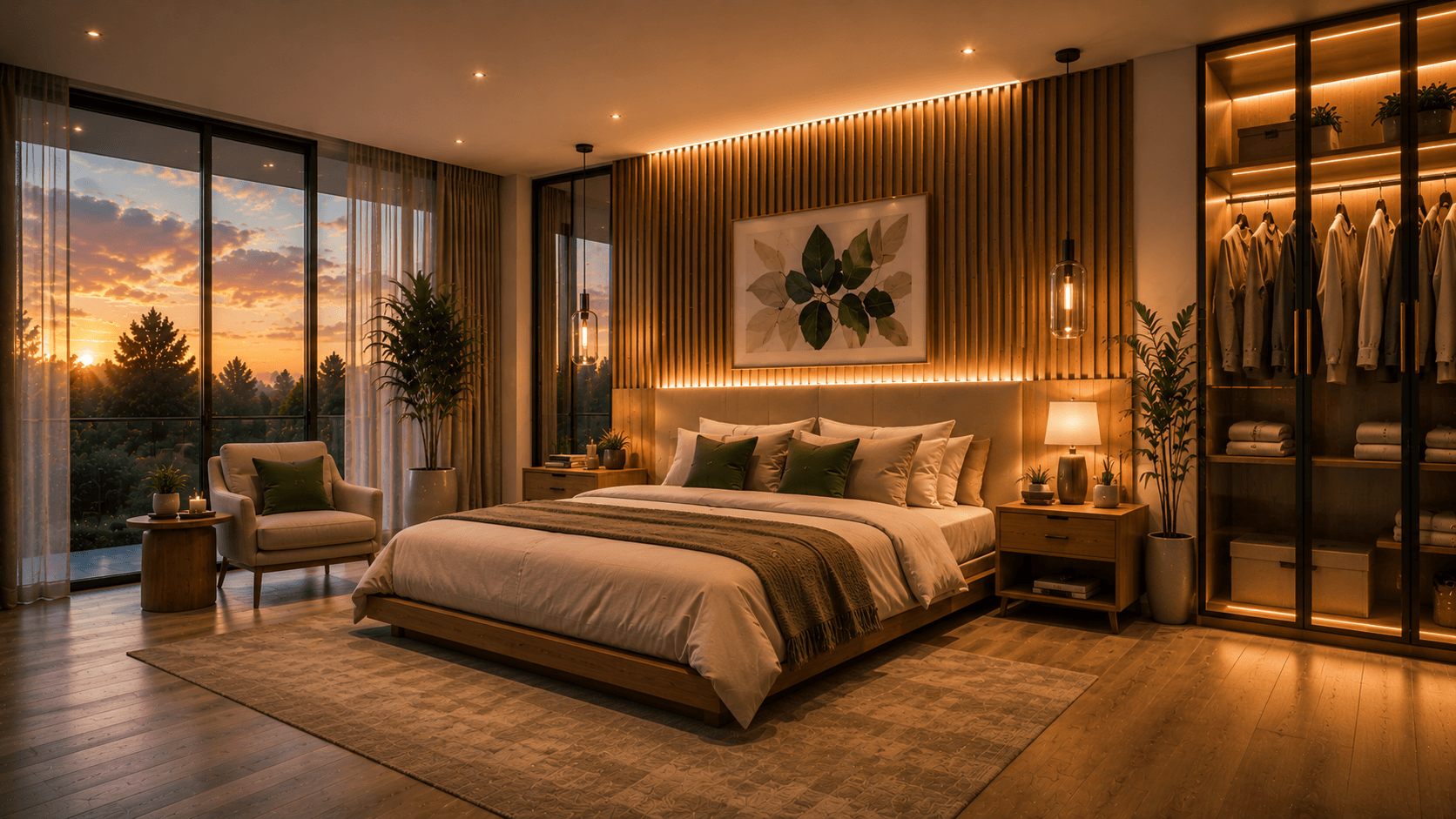 Bedroom with clean floors and accessible closet storage